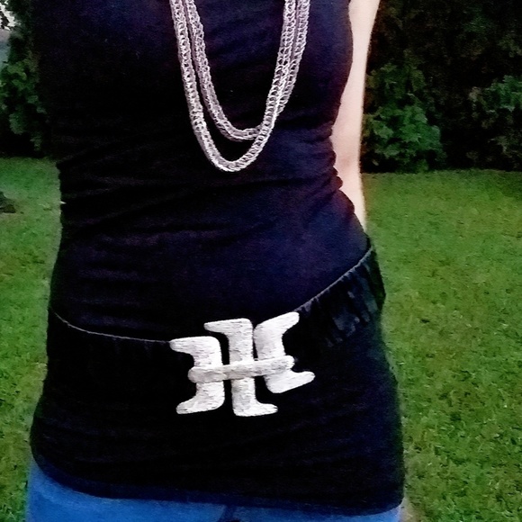 Vintage 1970s Black Leather Statement Stretch Belt - Picture 2 of 4